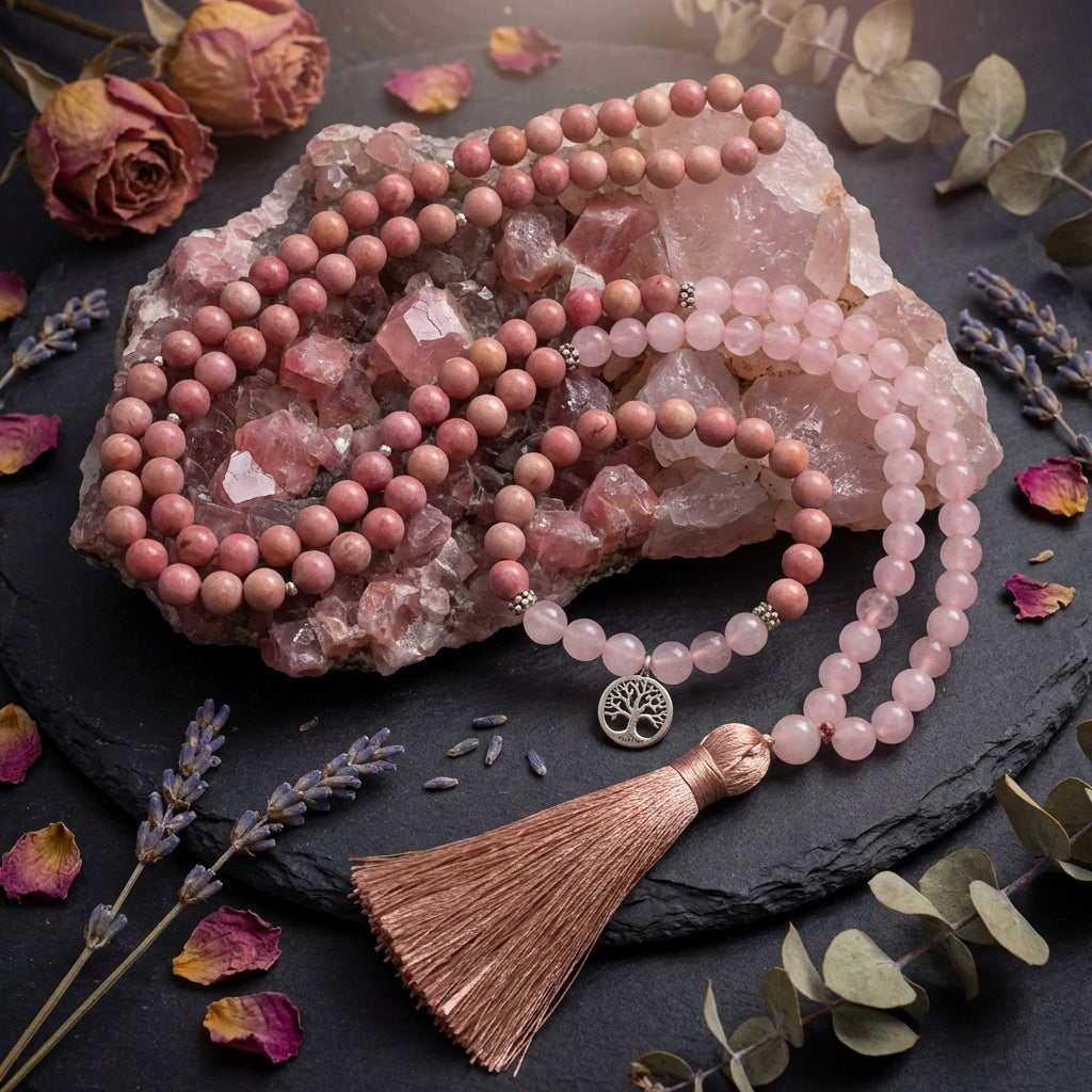 Sacramental Rhodonite & Rose Quartz Mala Necklace: Healing Crystal Jewelry
