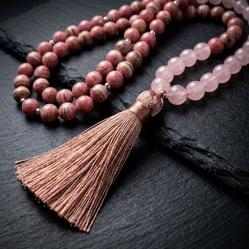 Sacramental Rhodonite & Rose Quartz Mala Necklace: Healing Crystal Jewelry