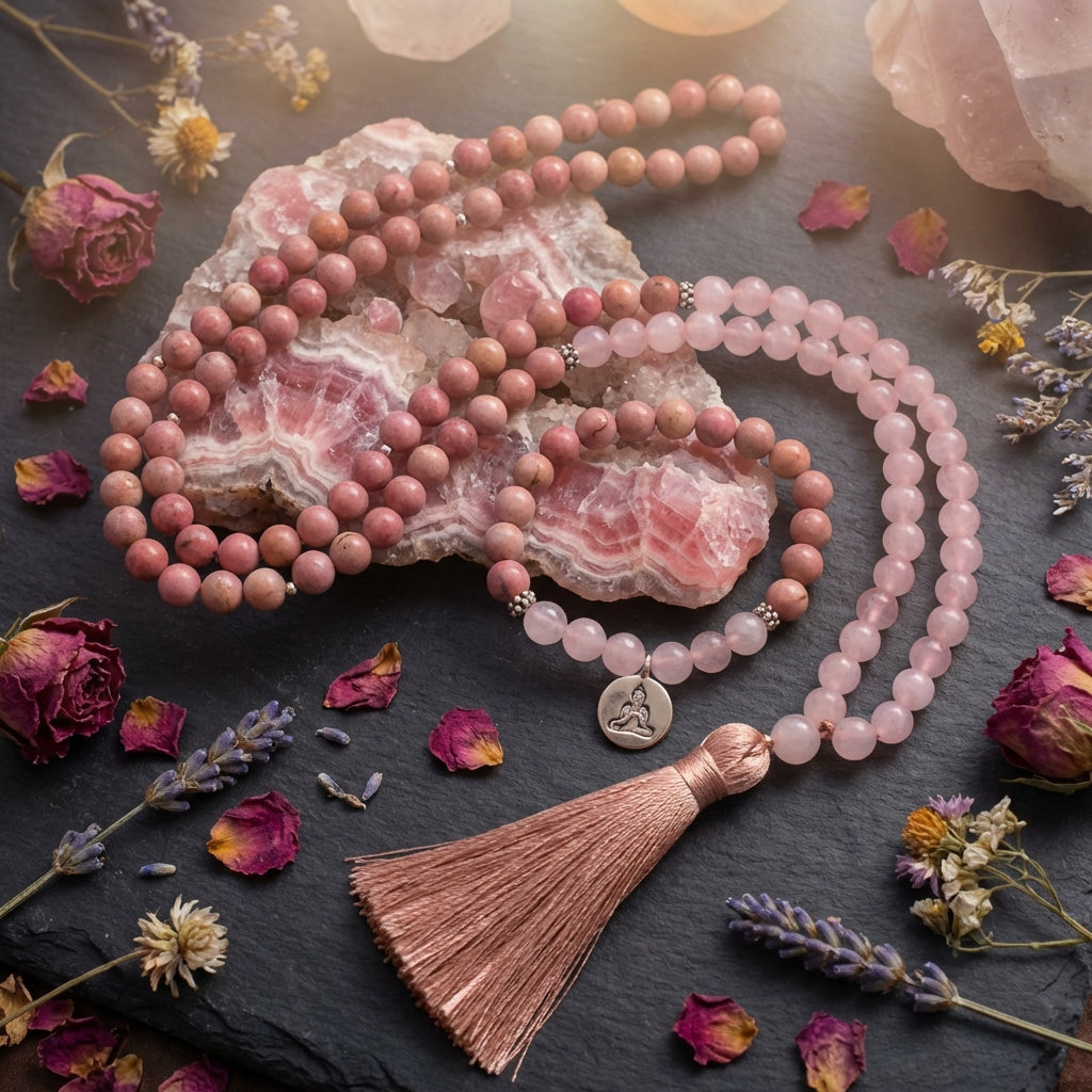 Sacramental Rhodonite & Rose Quartz Mala Necklace: Healing Crystal Jewelry