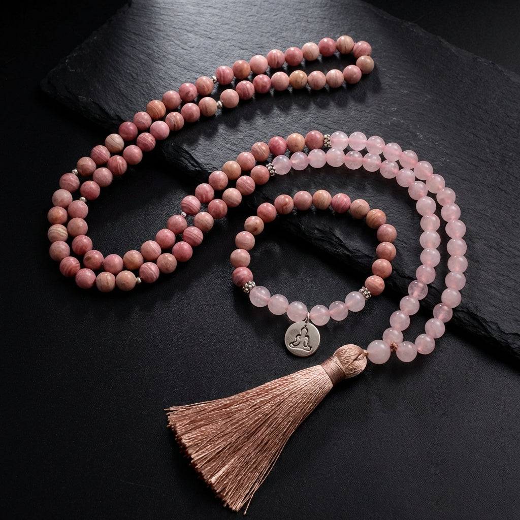 Sacramental Rhodonite & Rose Quartz Mala Necklace: Healing Crystal Jewelry