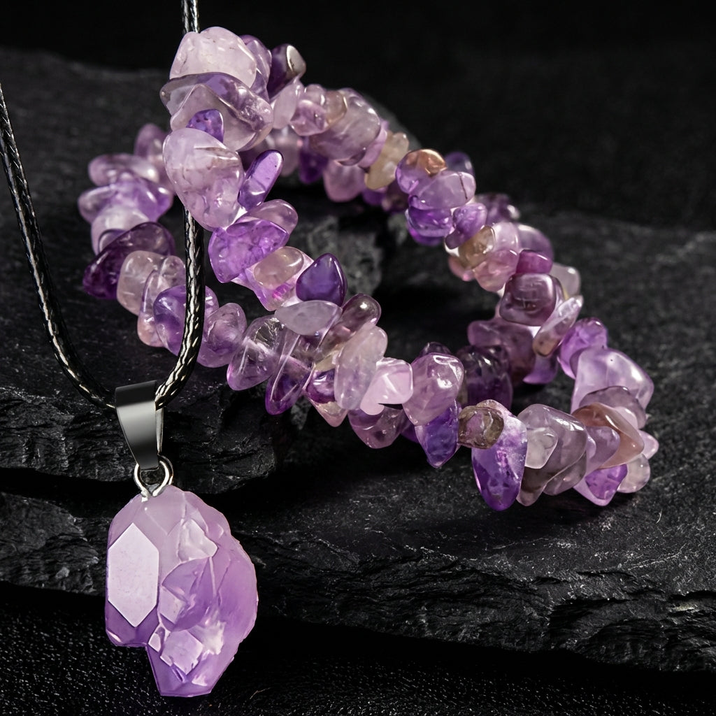 Amethyst Rough Stone Healing Crystal Necklace & Bracelet