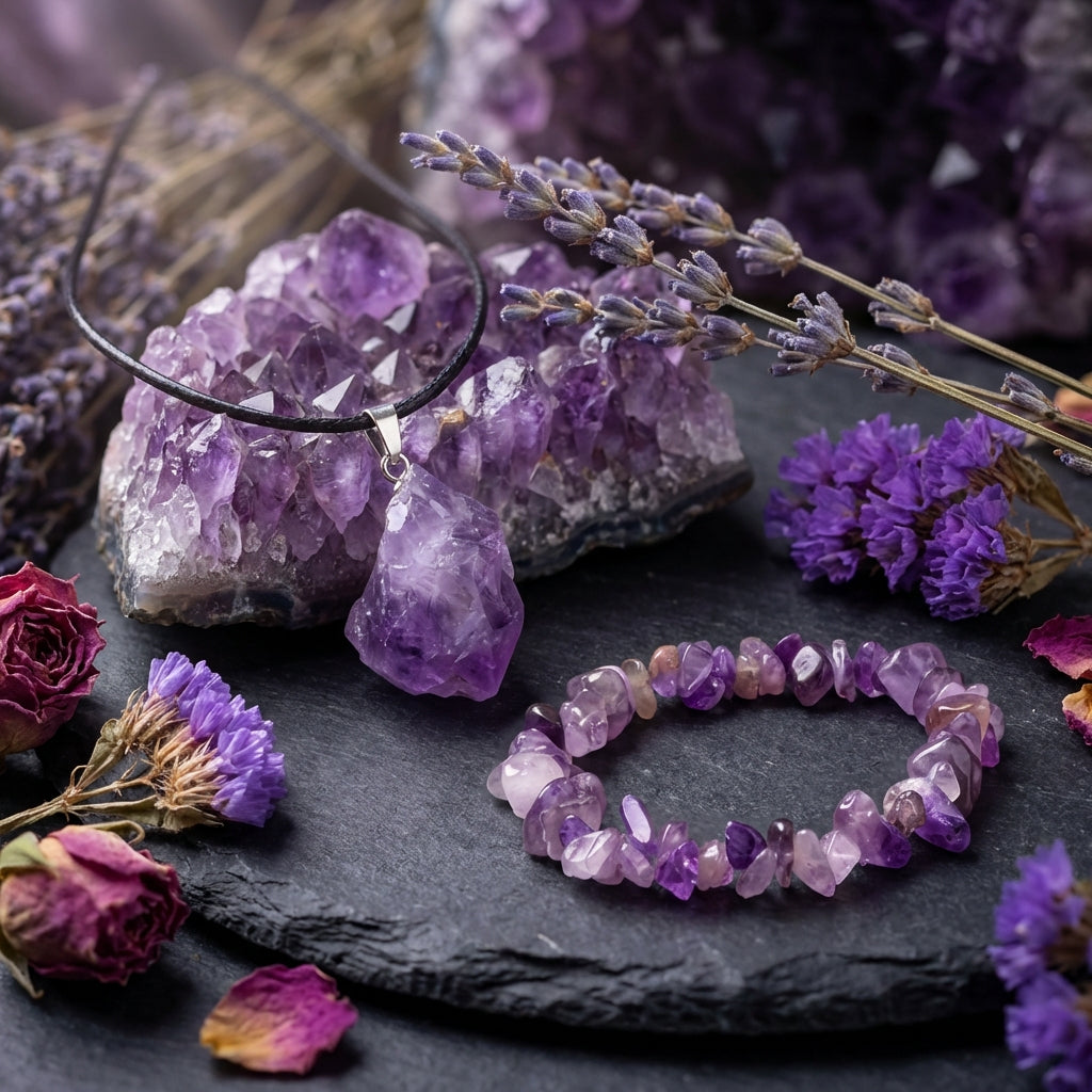 Amethyst Rough Stone Healing Crystal Necklace & Bracelet