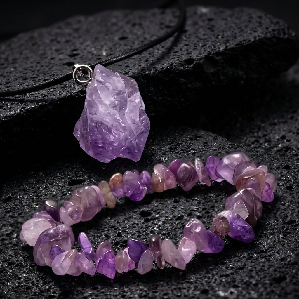 Amethyst Rough Stone Healing Crystal Necklace & Bracelet