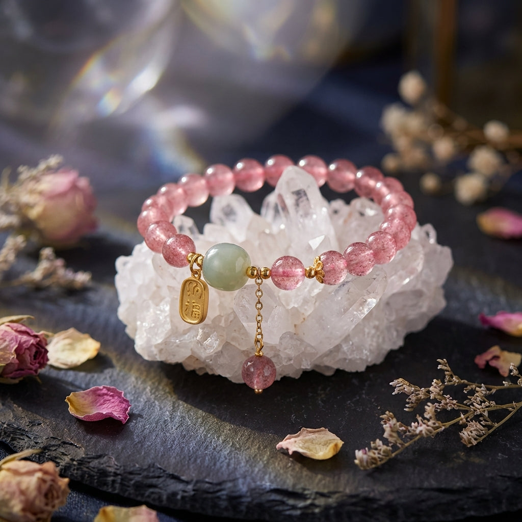 Sacrametal Strawberry Quartz Healing Crystal Bracelet: Intention Stone. Artisan-Handled