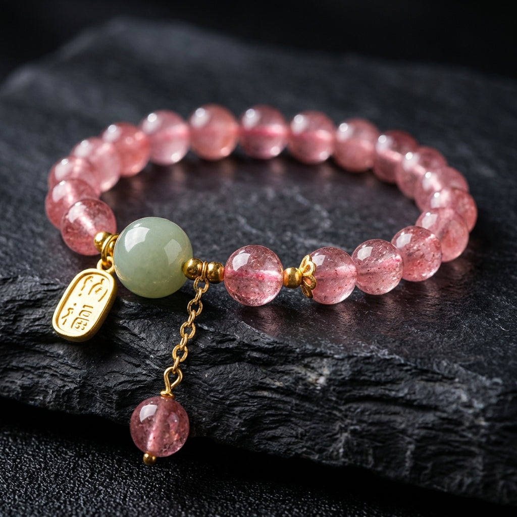 Sacrametal Strawberry Quartz Healing Crystal Bracelet: Intention Stone. Artisan-Handled