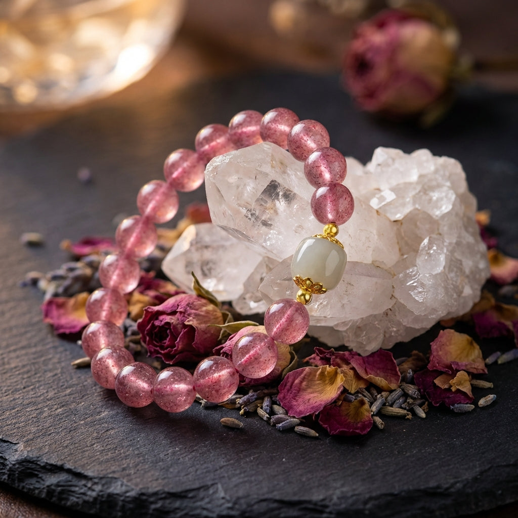 Sacrametal Strawberry Quartz Healing Crystal Bracelet: Intention Stone. Artisan-Handled