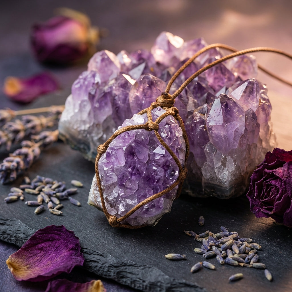 Sacrametal Amethyst Rough Cluster Healing Crystal Pendant: Grounding & Calm