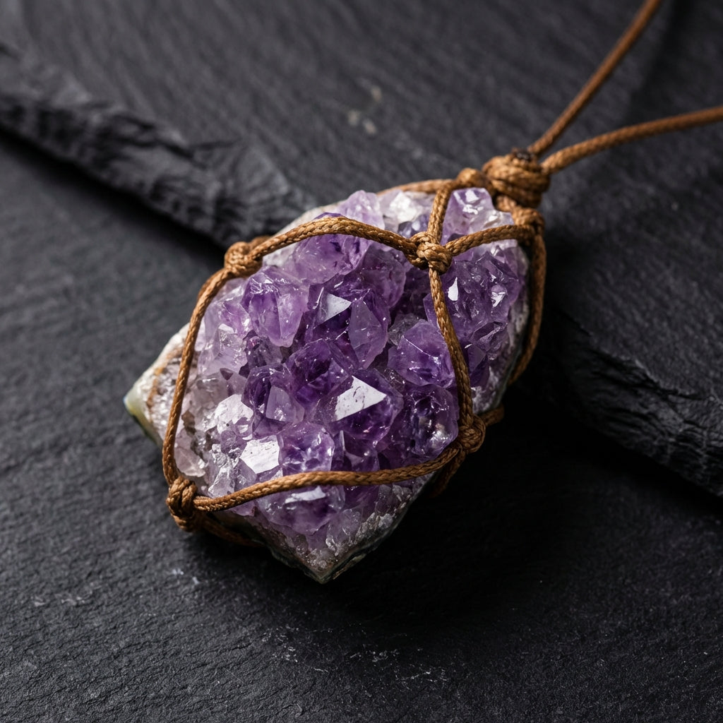 Sacrametal Amethyst Rough Cluster Healing Crystal Pendant: Grounding & Calm