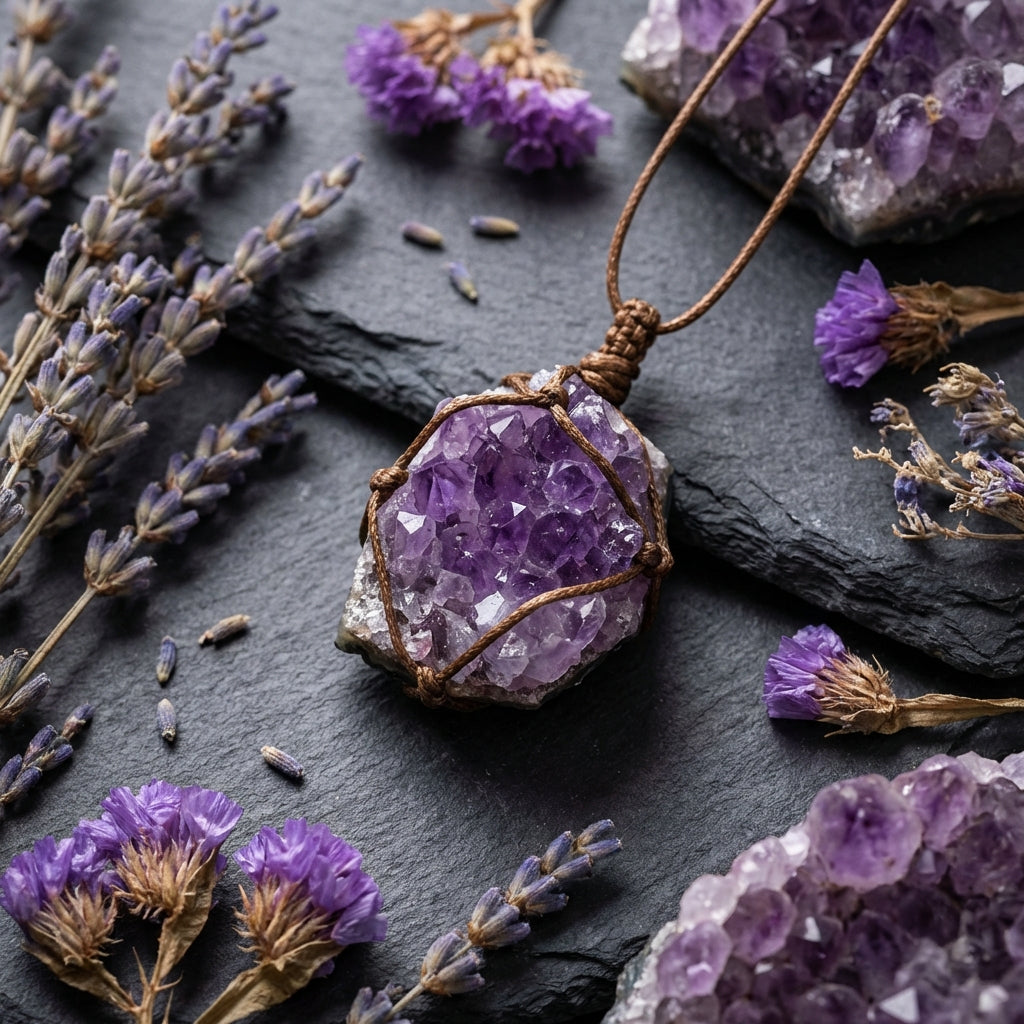 Sacrametal Amethyst Rough Cluster Healing Crystal Pendant: Grounding & Calm