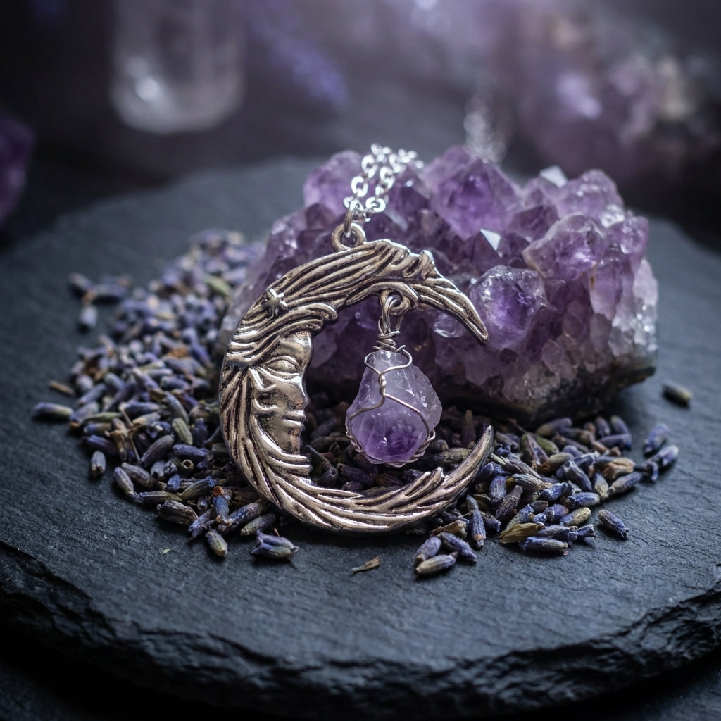 Sacrametal Amethyst Healing Crystal Necklace: Moon Fragment, Grounding Intention