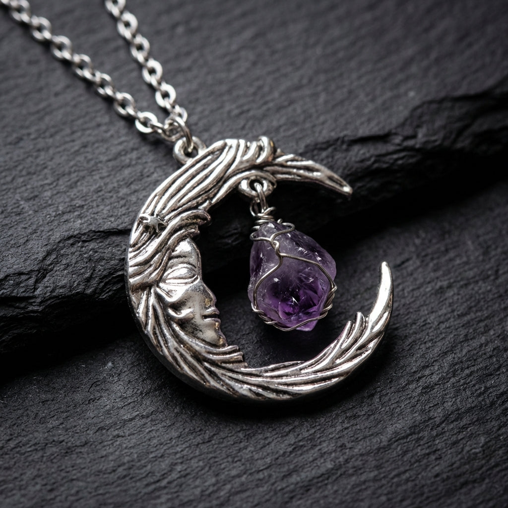 Sacrametal Amethyst Healing Crystal Necklace: Moon Fragment, Grounding Intention
