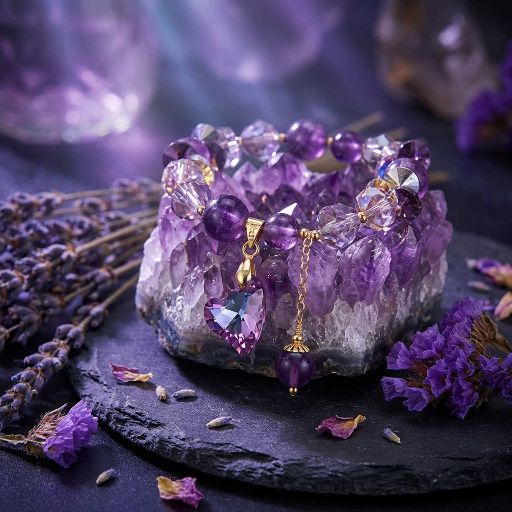 Sacrametal Amethyst Healing Crystal Heart Charm Bracelet: Love & Calm