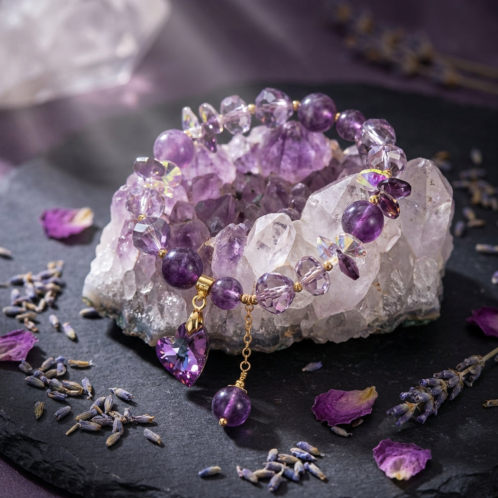 Sacrametal Amethyst Healing Crystal Heart Charm Bracelet: Love & Calm