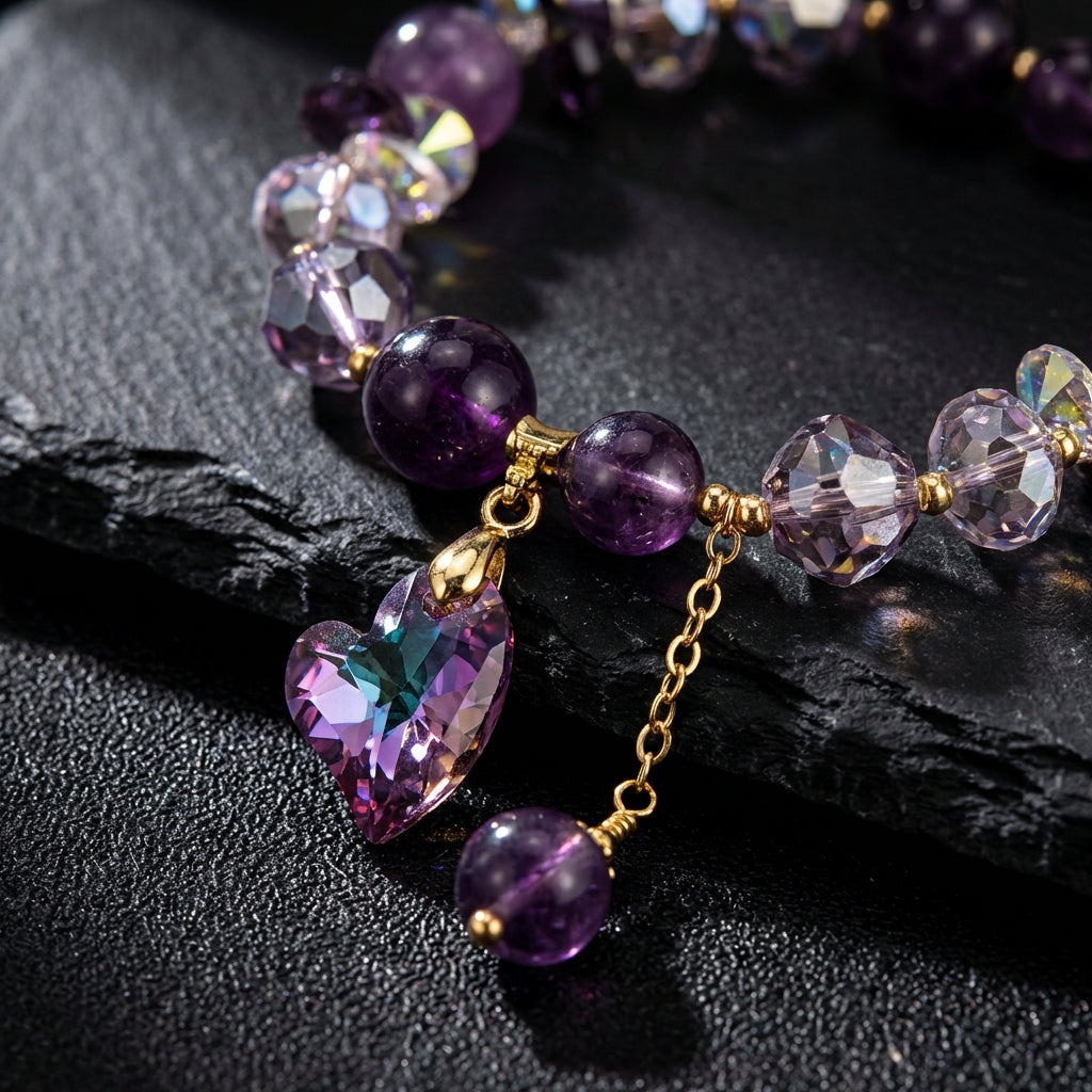 Sacrametal Amethyst Healing Crystal Heart Charm Bracelet: Love & Calm