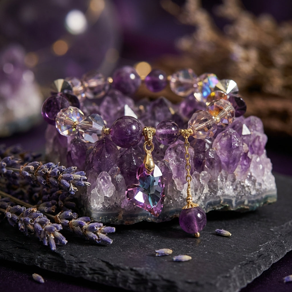 Sacrametal Amethyst Healing Crystal Heart Charm Bracelet: Love & Calm