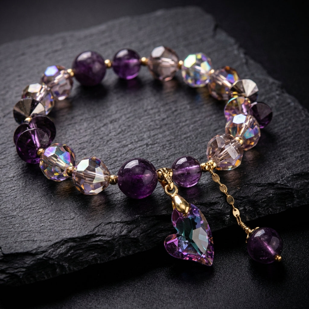 Sacrametal Amethyst Healing Crystal Heart Charm Bracelet: Love & Calm