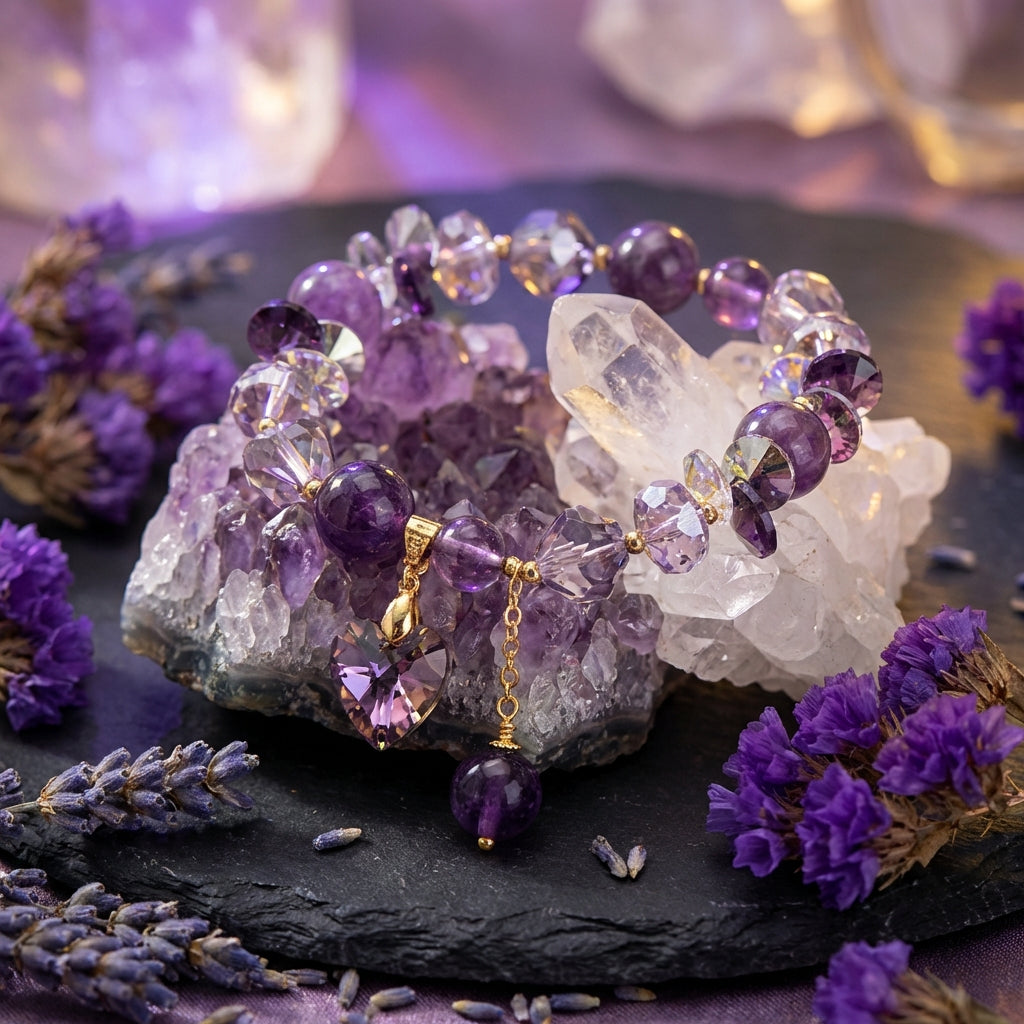 Sacrametal Amethyst Healing Crystal Heart Charm Bracelet: Love & Calm
