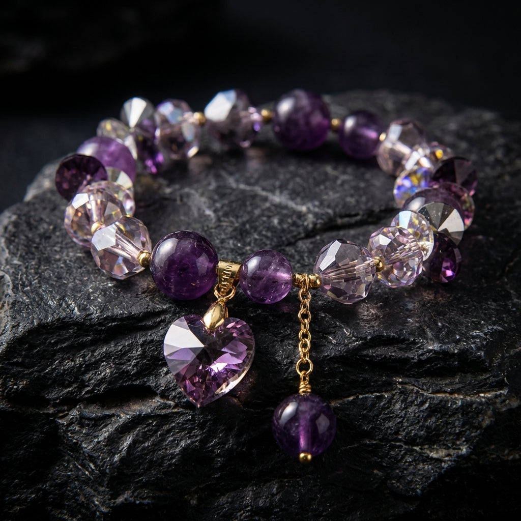 Sacrametal Amethyst Healing Crystal Heart Charm Bracelet: Love & Calm