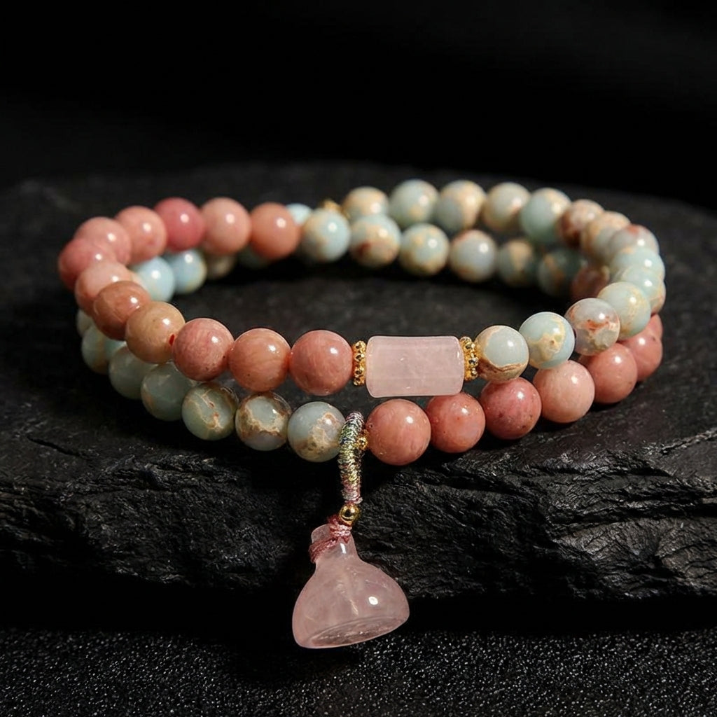 Sacrametal Healing Crystal Bracelet: Rose Quartz, Jasper & Rhodonite Prayer Beads