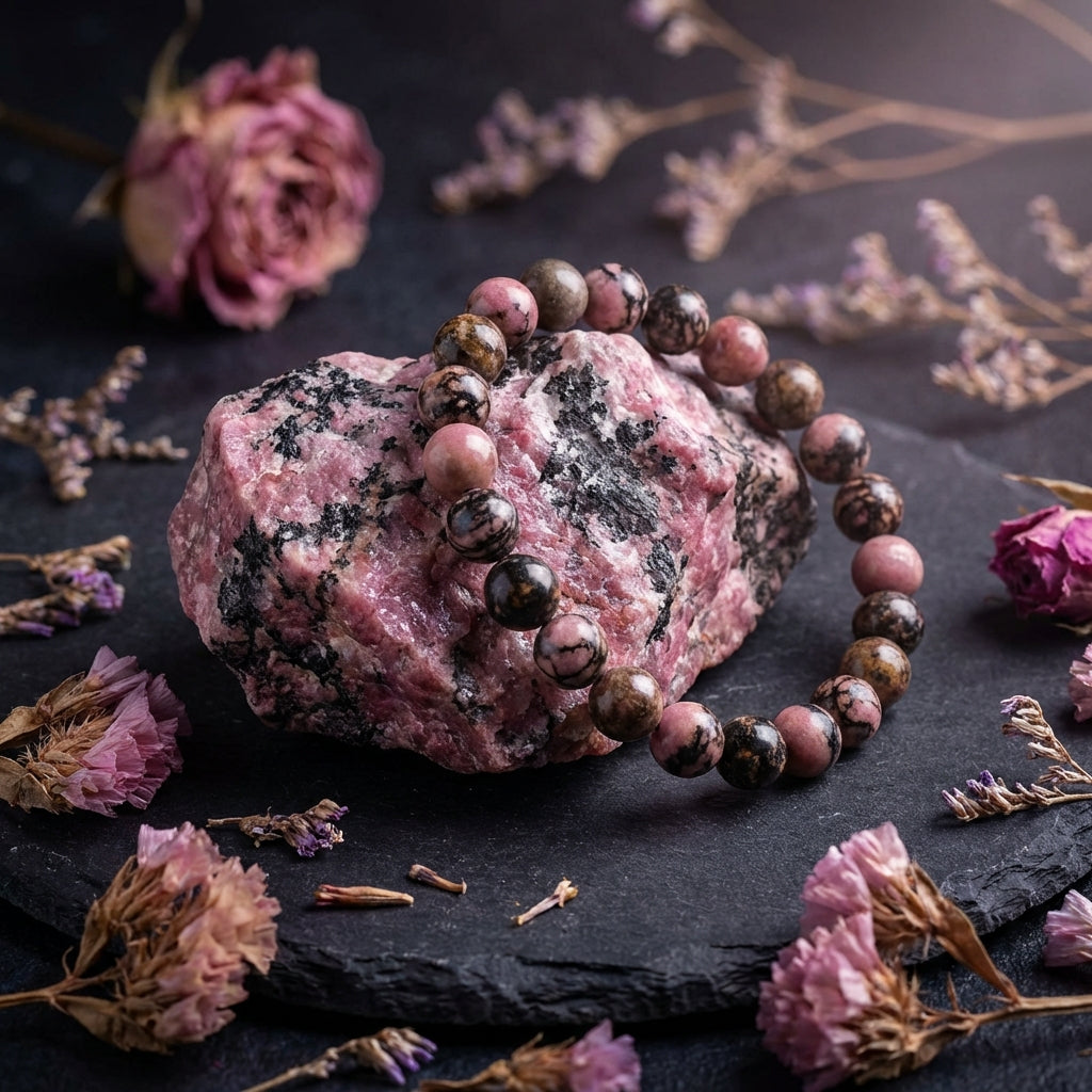 Rhodonite Healing Crystal Bracelet: Grounding Intention, Artisan-Threaded