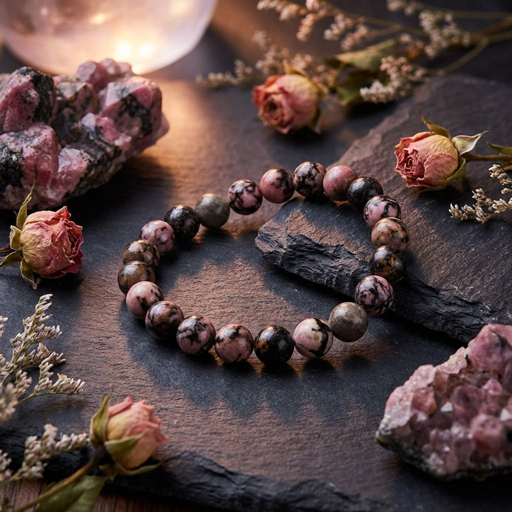 Rhodonite Healing Crystal Bracelet: Grounding Intention, Artisan-Threaded