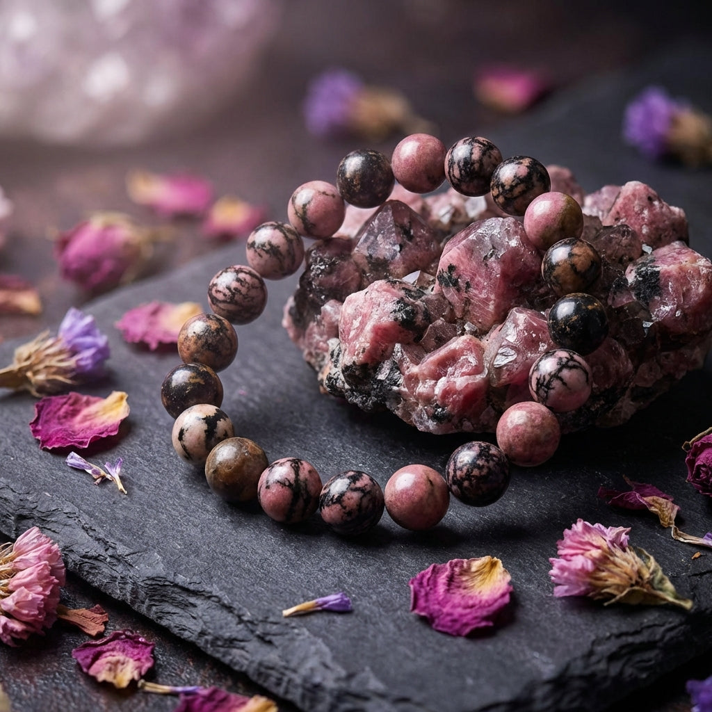 Rhodonite Healing Crystal Bracelet: Grounding Intention, Artisan-Threaded