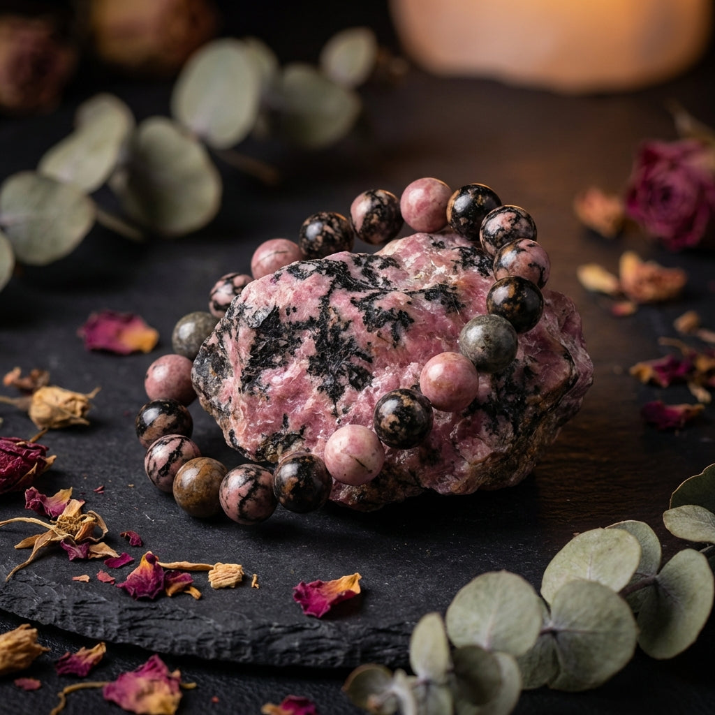 Rhodonite Healing Crystal Bracelet: Grounding Intention, Artisan-Threaded