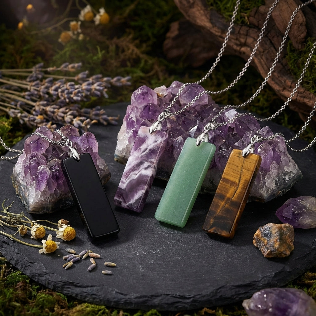 Simple Natural Stone Amethyst Rectangle Pendant Necklace