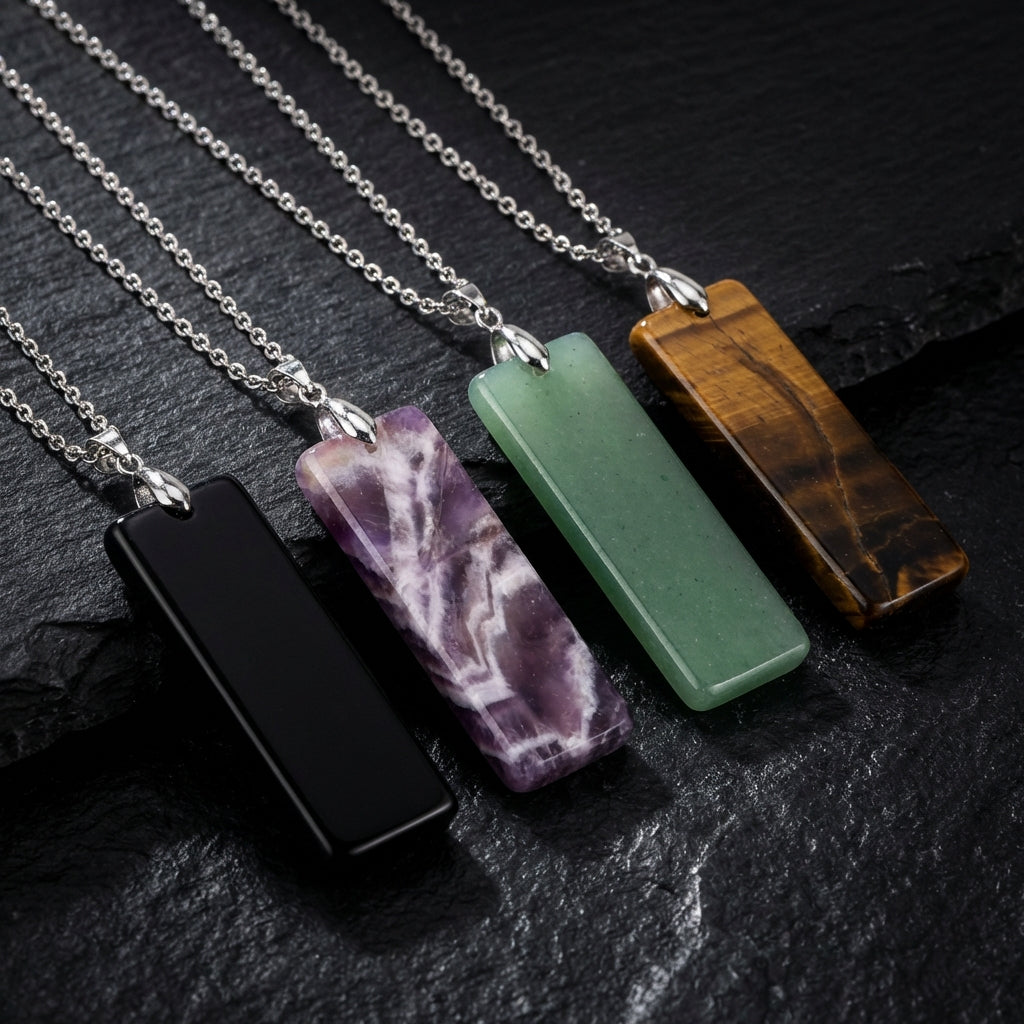 Simple Natural Stone Amethyst Rectangle Pendant Necklace