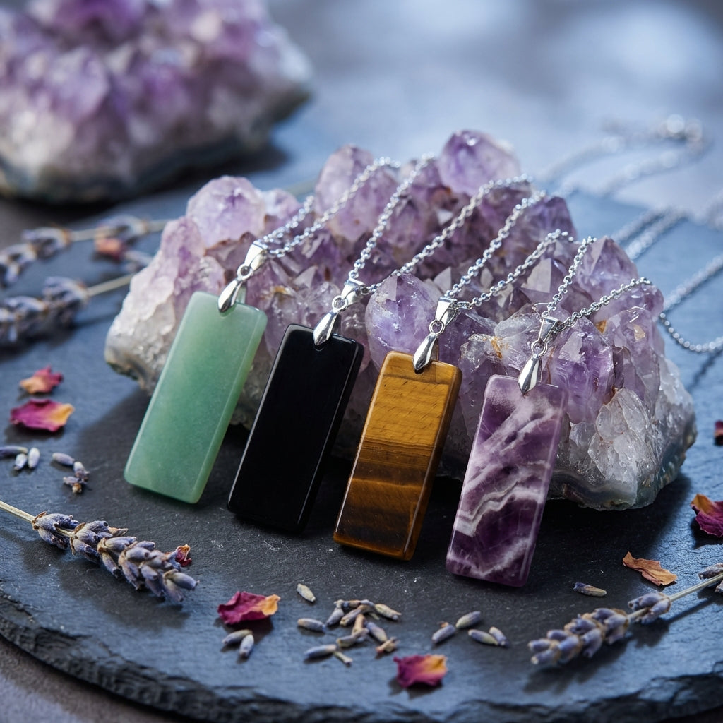 Simple Natural Stone Amethyst Rectangle Pendant Necklace