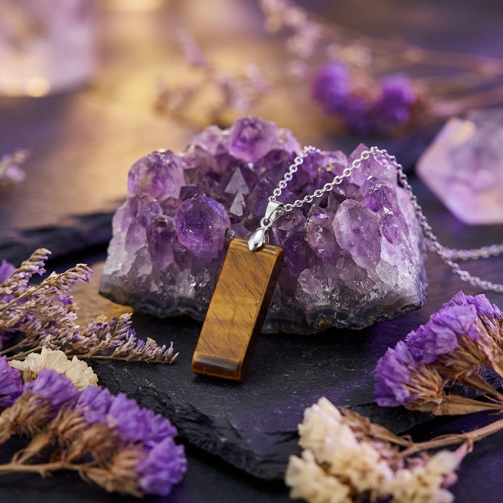 Simple Natural Stone Amethyst Rectangle Pendant Necklace