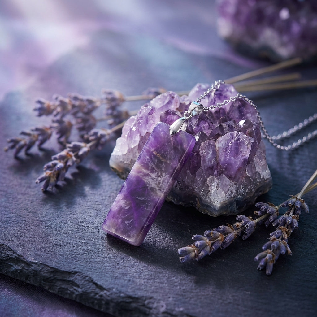 Simple Natural Stone Amethyst Rectangle Pendant Necklace
