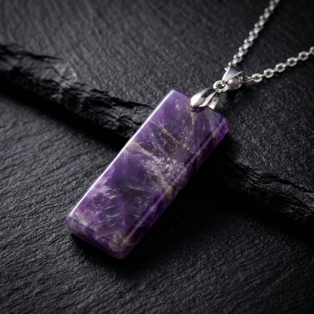 Simple Natural Stone Amethyst Rectangle Pendant Necklace