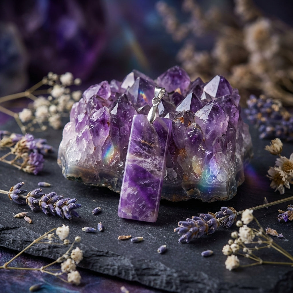 Simple Natural Stone Amethyst Rectangle Pendant Necklace