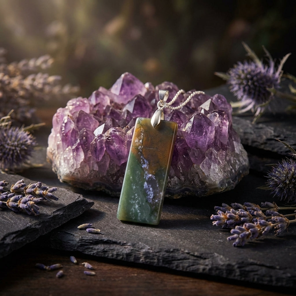 Simple Natural Stone Amethyst Rectangle Pendant Necklace