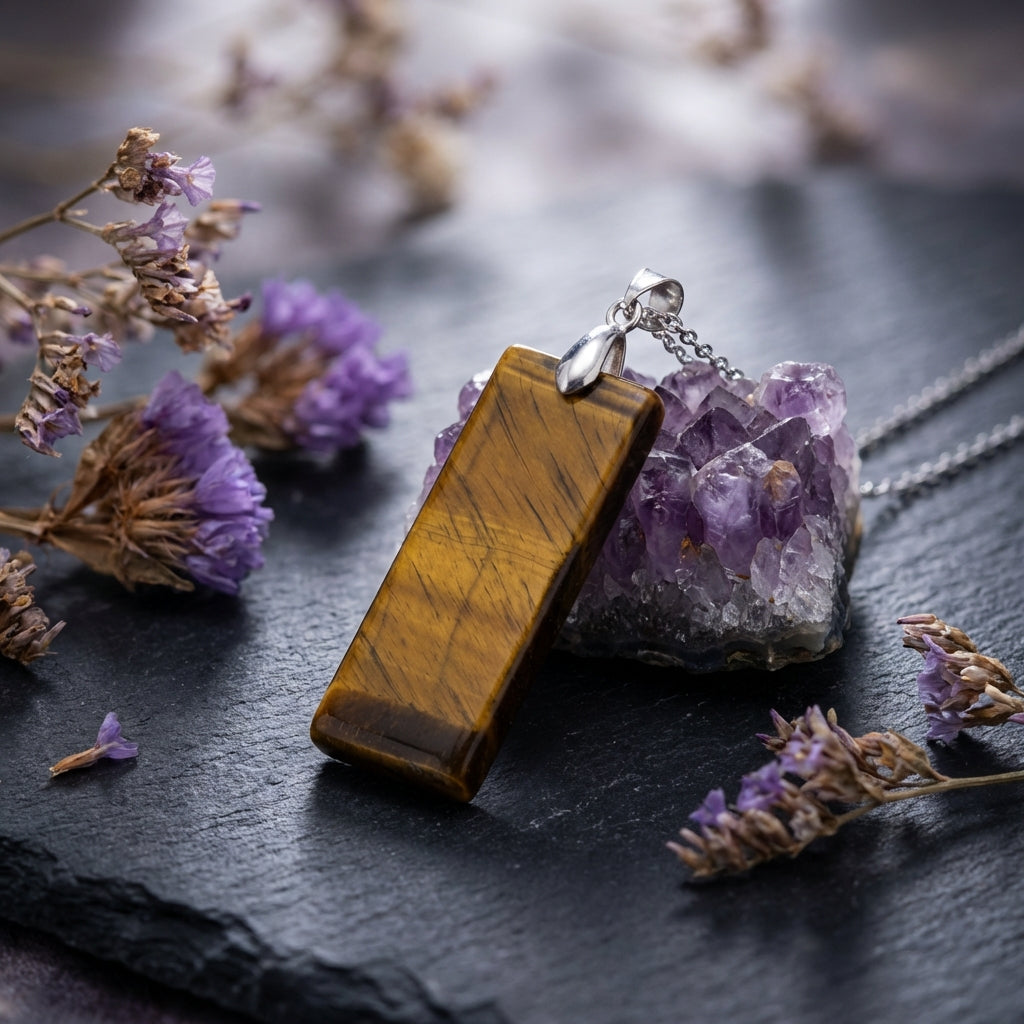 Simple Natural Stone Amethyst Rectangle Pendant Necklace